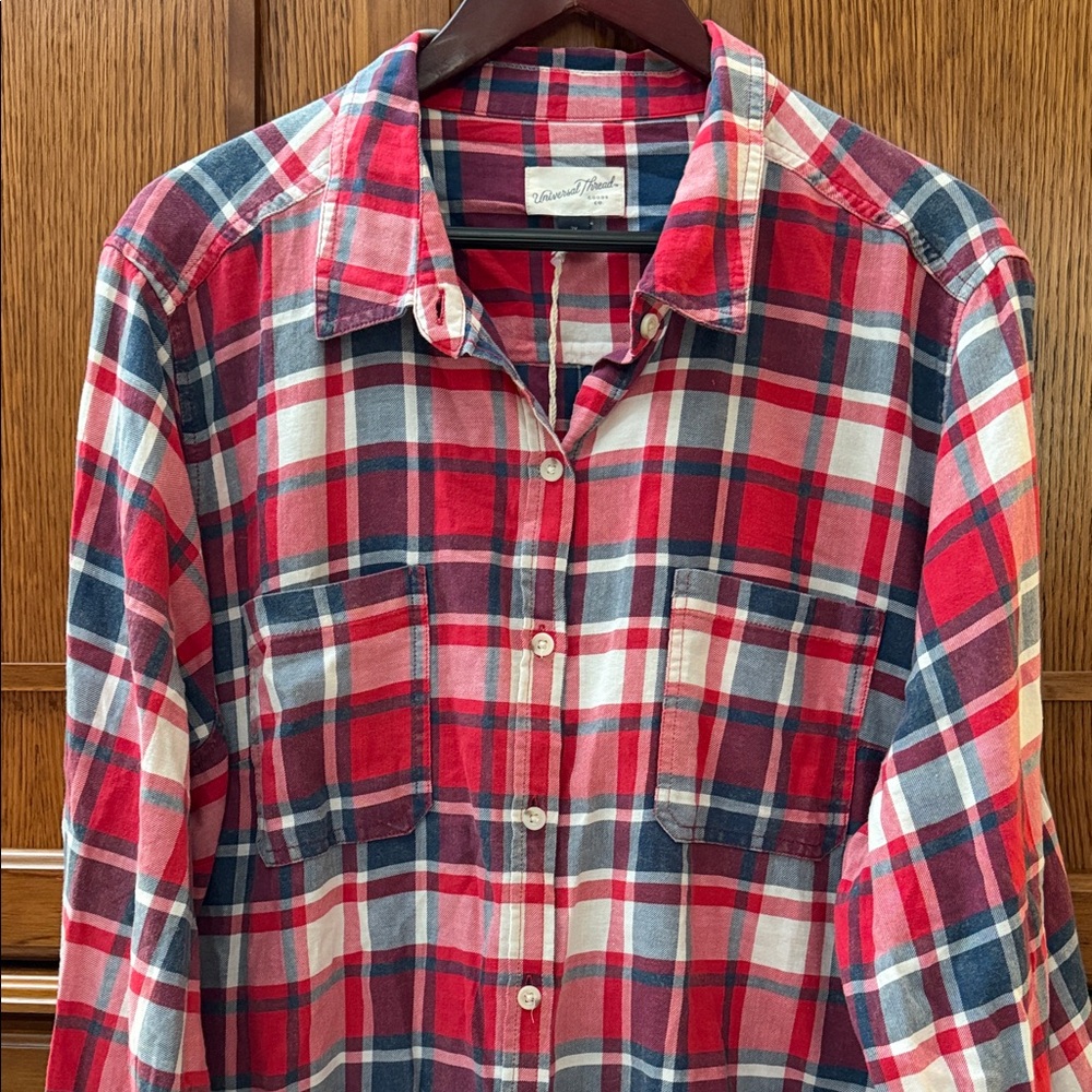 NWT Universal Thread Plaid Button-Down Chambray Patriotic USA America Layering